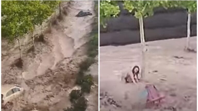 Pamje si në filma| Veturat duke “notuar” një pas një, gruaja e ngujuar mbi makinë